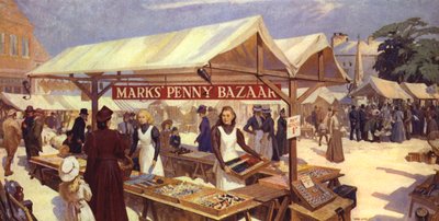 Impresión de un artista del Penny Bazaar de Marks originado en 1884 por Michael Marks, padre de Sir Simon Marks de English School